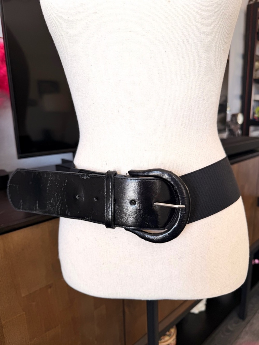 Nine West Black Wide Elastic Belt with Shiny Leather Buckle